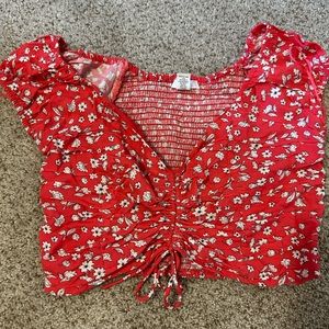 Red crop top low cut with flowers